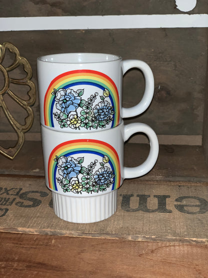 PAIR Vintage stacking Rainbow with rainbow and blue & White flowers Coffee Mugs (OTTV 2408.3)
