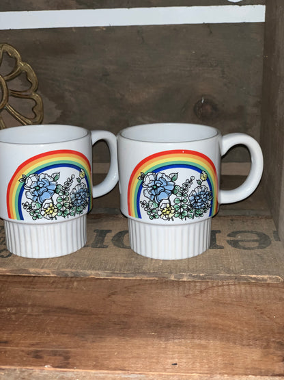 PAIR Vintage stacking Rainbow with rainbow and blue & White flowers Coffee Mugs (OTTV 2408.3)