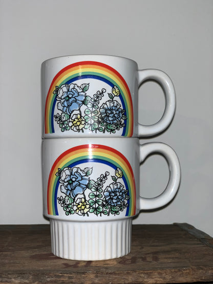 PAIR Vintage stacking Rainbow with rainbow and blue & White flowers Coffee Mugs (OTTV 2408.3)